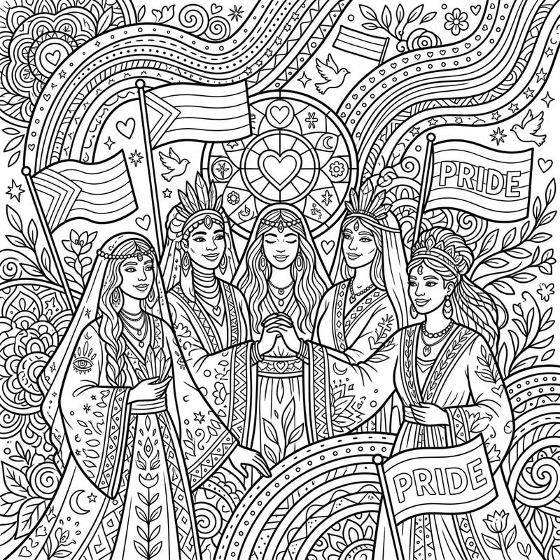 Embrace the spirit of community and foresight with this beautiful coloring page featuring five oracles celebrating Pride Month. Intricate patterns and meaningful symbols await your creative touch.