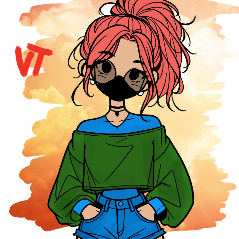 girl with a messy ponytail glasses a baggy crop top and jean shorts