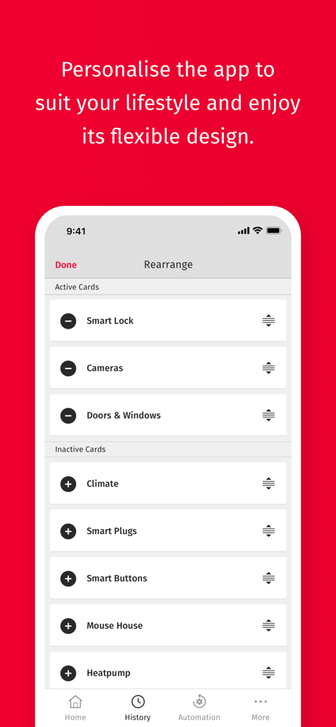 Verisure 앱에서 스마트 홈 장치 카드 재배열 및 개인화를 위한 인터페이스