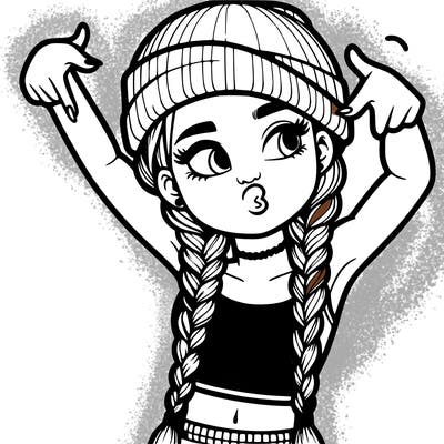 realistic teenage girl with braids and a beanie and crop top doing 🫶🏼