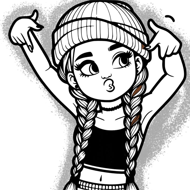 realistic teenage girl with braids and a beanie and crop top doing 🫶🏼