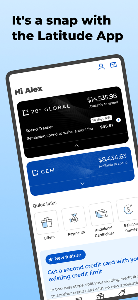 Latitude App dashboard displaying 28 Degrees Global and Gem credit card balances and financial quick links