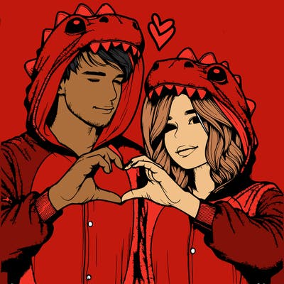 realistic couple wearing matching dinosaur onesies with heart hand gesture
