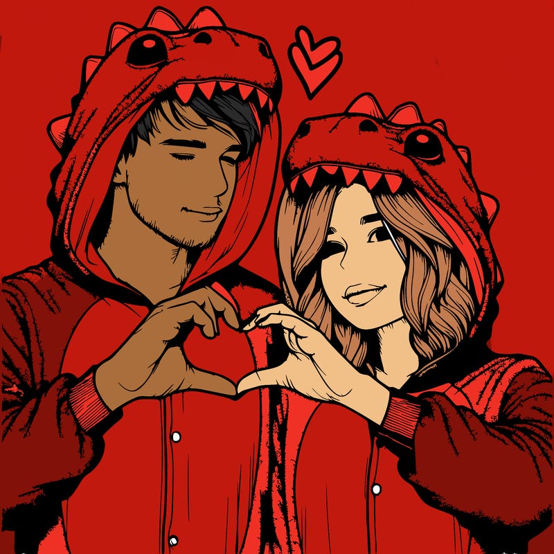 realistic couple wearing matching dinosaur onesies with heart hand gesture