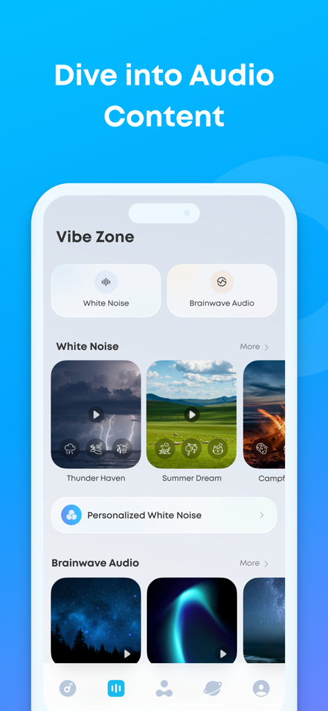 Soundcore app screen showing the Vibe Zone with white noise and brainwave audio options