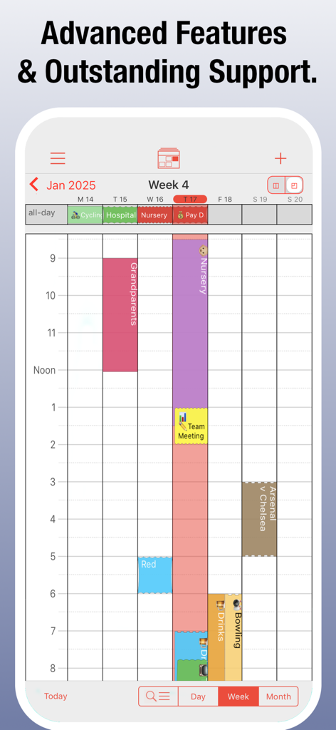 PocketLife Calendar - App PocketLife Calendar che mostra un programma settimanale con eventi codificati per colore su un iPhone.
