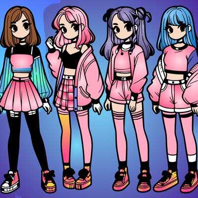 one girl with crop-top shirt and a jacket with a skirt, long socks and another girl with a shirt and pants with a jacket