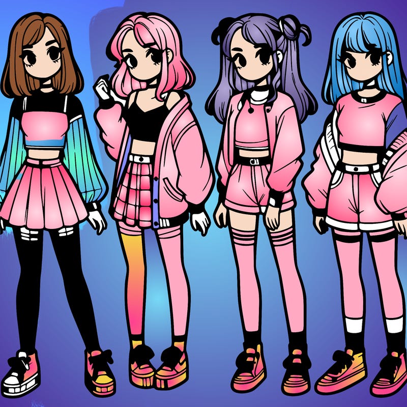 one girl with crop-top shirt and a jacket with a skirt, long socks and another girl with a shirt and pants with a jacket