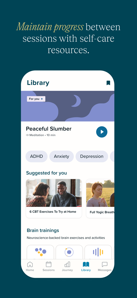 SonderMind app interface showing the self-care library with meditation and brain training resources.