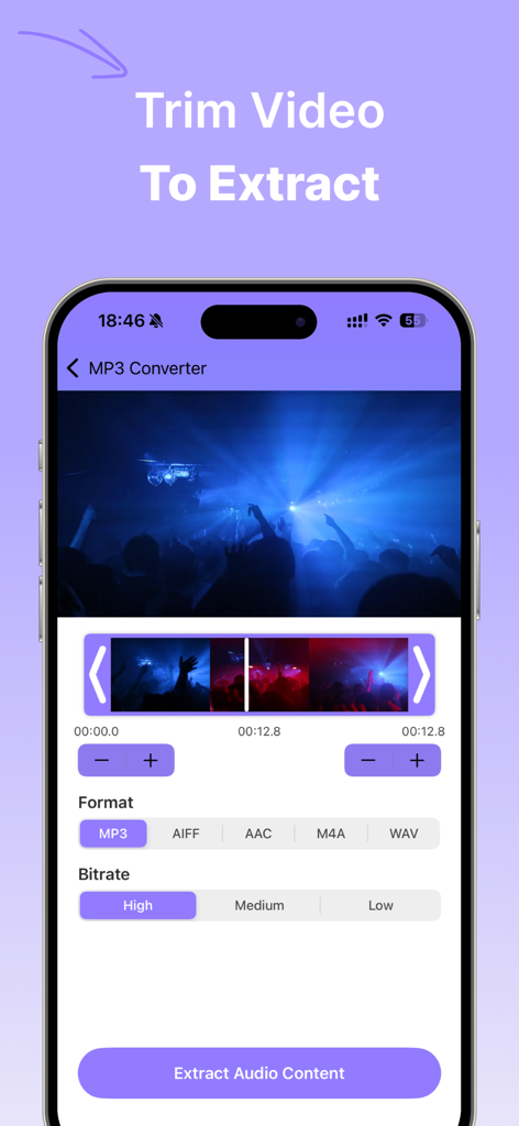 MP3 Converter - Video to MP3 - iPhone-Bildschirm, der die Benutzeroberfläche der MP3 Converter App zum Trimmen von Videos und Extrahieren von Audio mit Format- und Bitratenoptionen zeigt