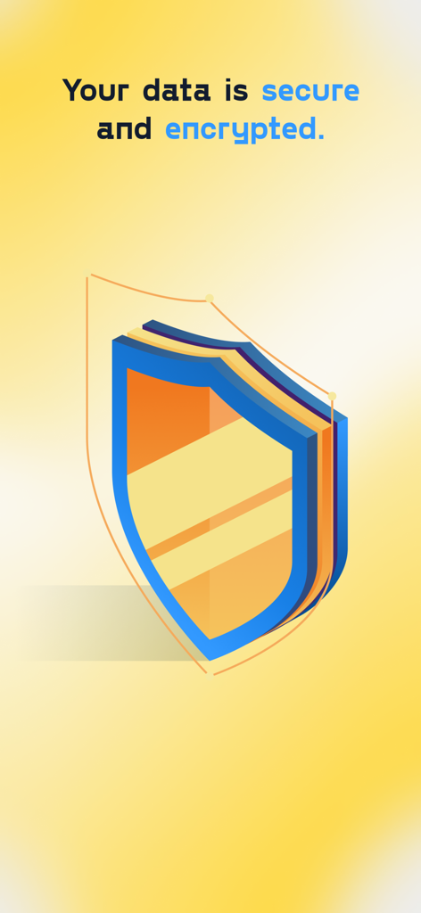 Una grafica con uno scudo 3D e testo che indica che i dati sono sicuri e crittografati nell'app Budgety