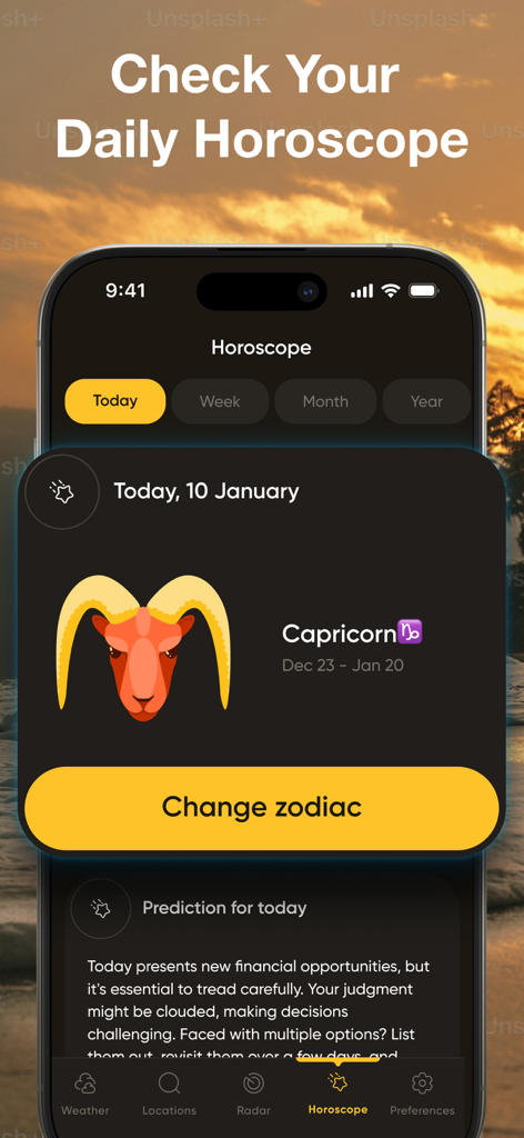 NOAA Weather Radar Forecast - NOAA天気予報レーダーアプリの毎日の星占い機能で、山羊座の予測を表示