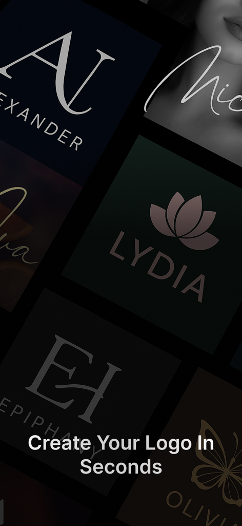 Glyph - AI Logo Generator - Una variedad de logos generados por IA, incluyendo monogramas e íconos en la aplicación Glyph.