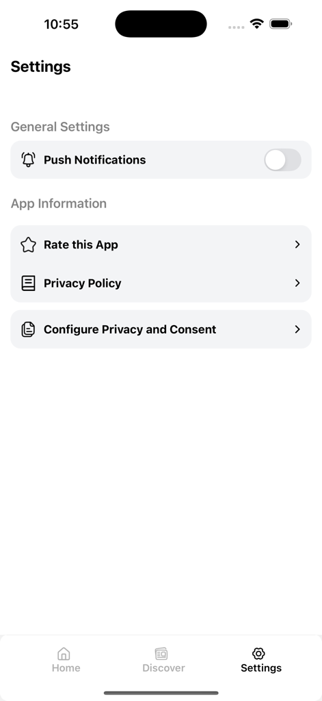 NTA News - Pantalla de configuración de la aplicación NTA News que muestra el interruptor de notificaciones push y enlaces de información de la aplicación.