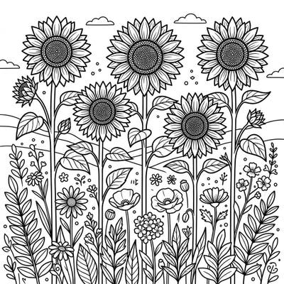 Celebrate the arrival of spring with this stunning coloring page featuring a vibrant field of tall sunflowers. Lose yourself in the intricate details of nature's beauty, ready for your creative touch.