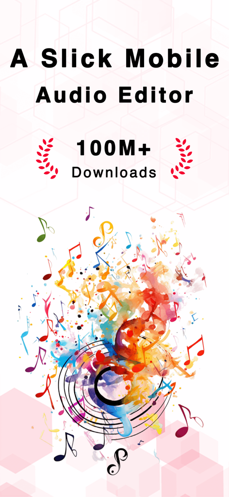 Promotional graphic for OcenAudio app featuring colorful musical notes and a 100M downloads milestone.
