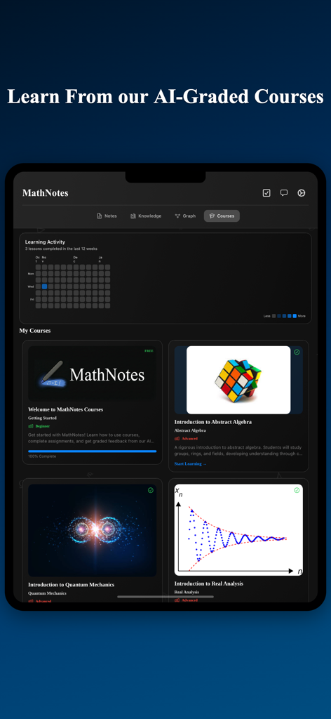 MathNotes: AI Notes for STEM - A screenshot of the MathNotes app showing the AI-graded courses dashboard with advanced STEM subjects like Abstract Algebra and Quantum Mechanics.