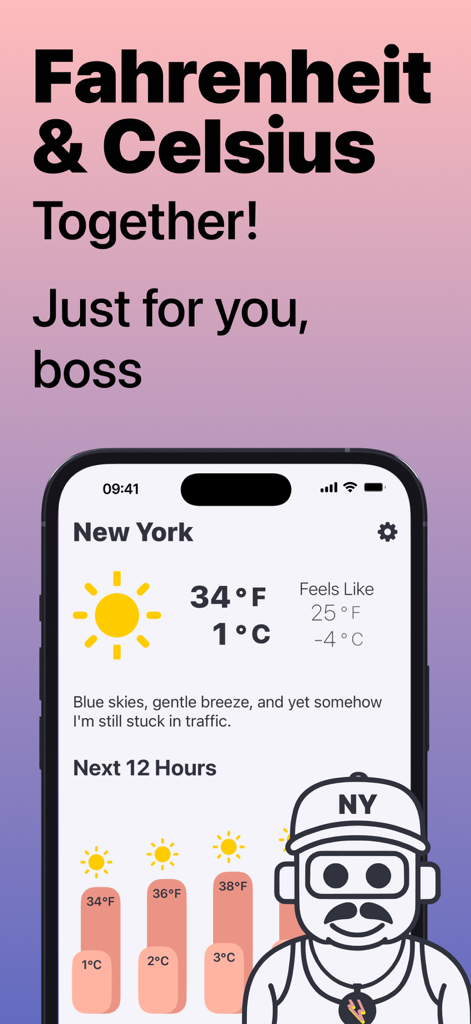 The Weather App by WeatherGo - A weather app interface showing temperature in both Fahrenheit and Celsius for New York with a cartoon character.
