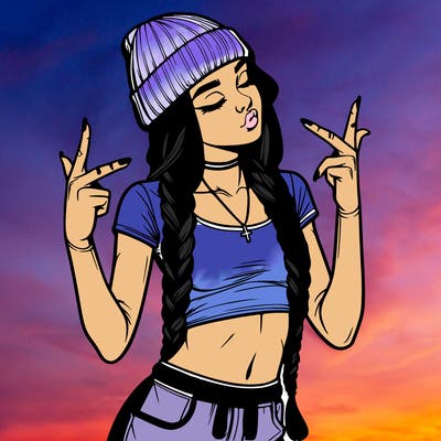 realistic teenage girl with braids and a beanie and crop top doing 🫶🏼