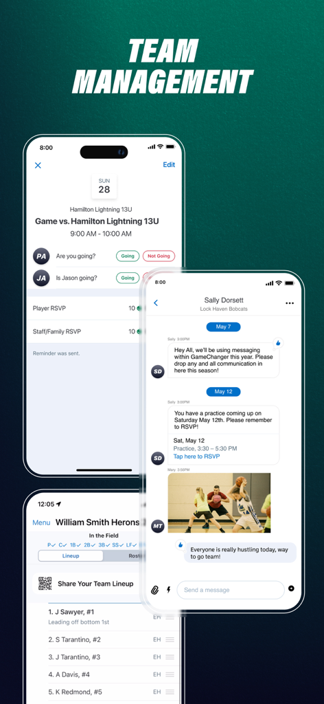 GameChanger - Screenshot dell'app GameChanger che mostrano funzionalità di gestione della squadra come conferme di partecipazione agli eventi, messaggistica di gruppo e rose della squadra.