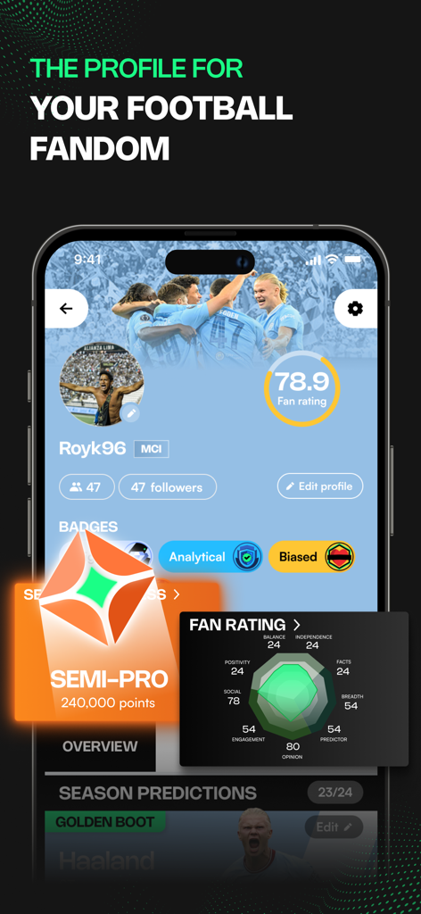 JOSTL app user profile screen featuring fan rating, badges, and statistical performance chart.
