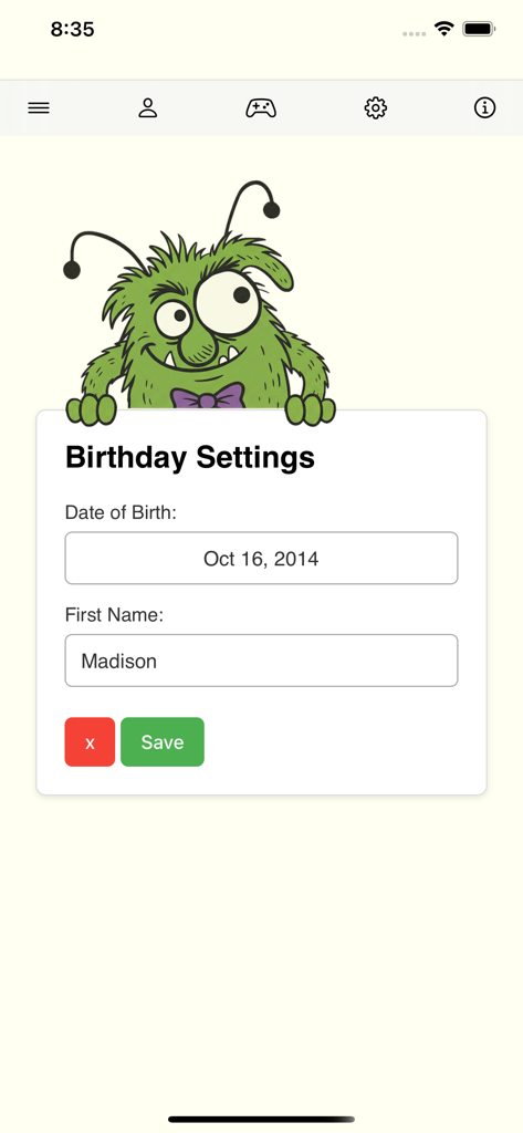 Days until my birthday - Tela de configurações de aniversário com campos de entrada de nome e data de nascimento, apresentando um personagem monstro verde amigável