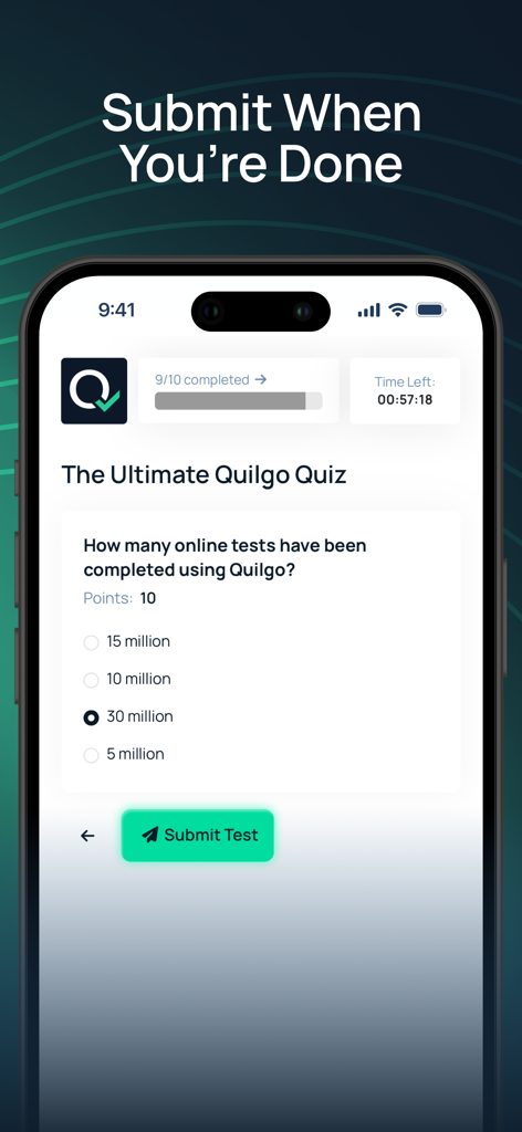 Quilgo - A mobile quiz interface on the Quilgo app featuring a multiple choice question and a submit test button.
