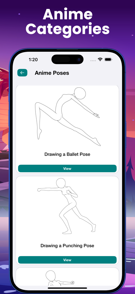 Mobile app interface showing anime drawing tutorials for different body poses like ballet and punching.