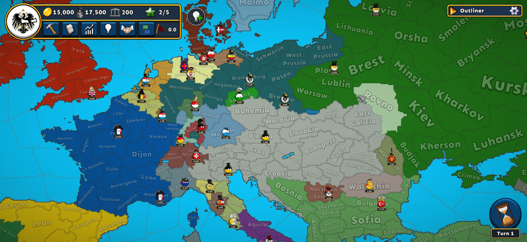 Countryballs Conquest - Map of Europe in Countryballs Conquest strategy game showing territories and units