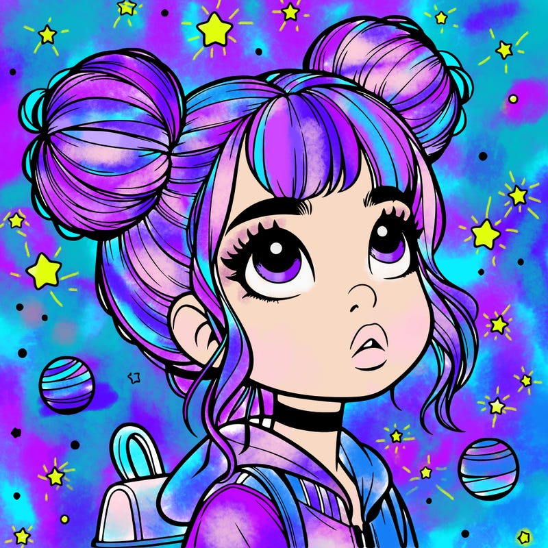 girl with space buns looking up realistic