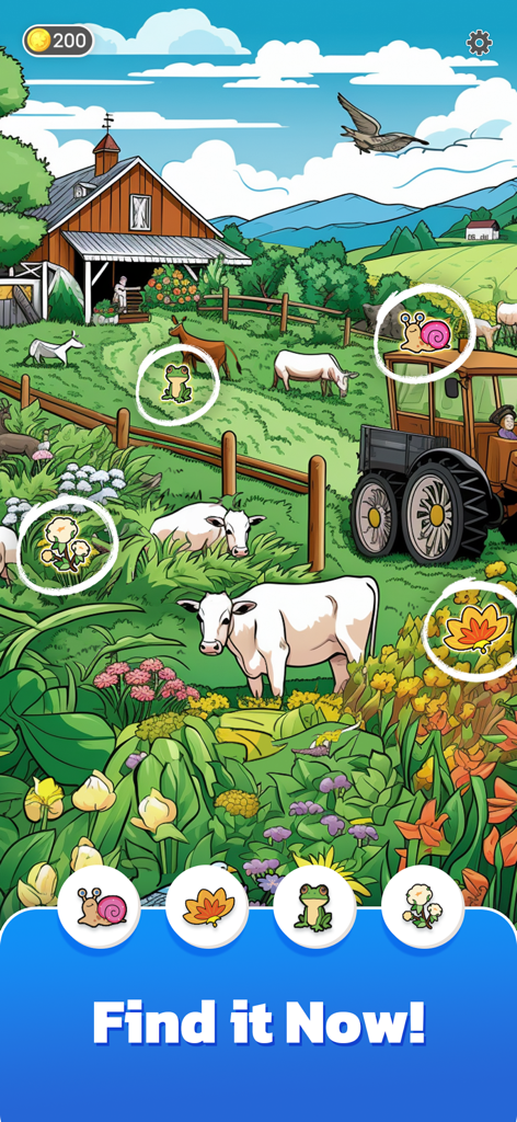 Find N Seek: Spy Hidden Object - Un écran de jeu d'objets cachés montrant une scène de ferme avec des vaches et un tracteur où les joueurs recherchent des animaux et des plantes cachés.