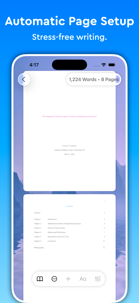Essayist: Academic Writing App - Essayist app showing automatic page setup and table of contents for academic writing
