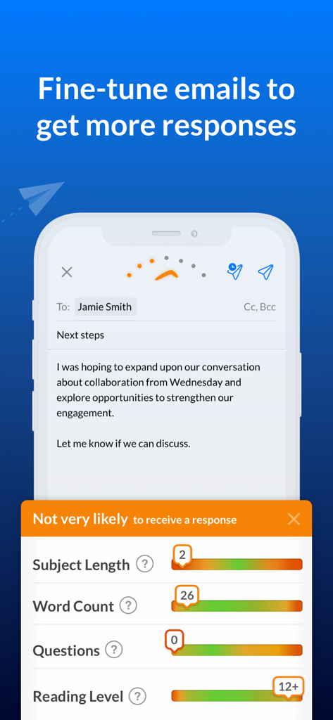 Email Client - Boomerang Mail - Screenshot of Boomerang Mail app showing AI email optimization and response likelihood analysis
