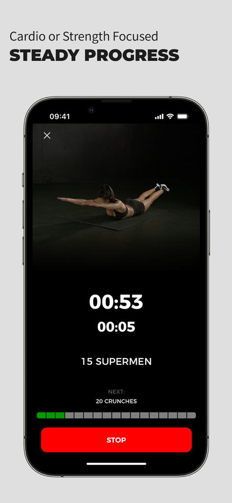 Interfaccia dell'app Goliaz che mostra una dimostrazione video di un esercizio superman con un timer di allenamento e una barra di avanzamento