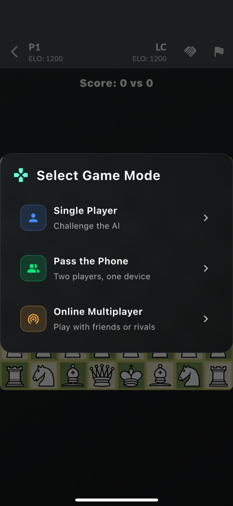 Ludo Chess: Roll the Dice - Ludo Chess game mode selection menu with options for single player, pass the phone, and online multiplayer.