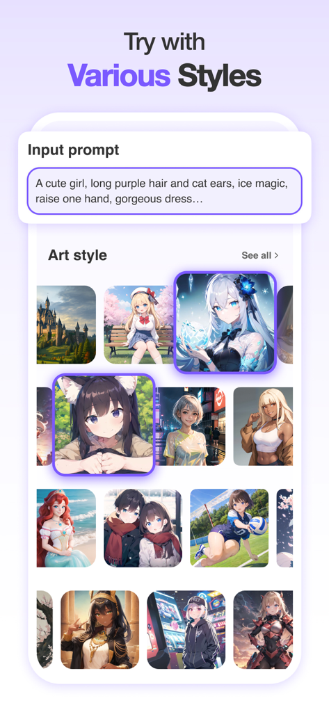 Anime Art AI Generator app interface with prompt input and various character styles.