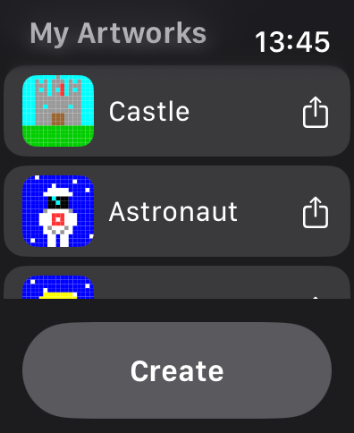 Apple Watch App-Galerie mit Zeichnungen einer Pixelkunst-Burg und eines Astronauten