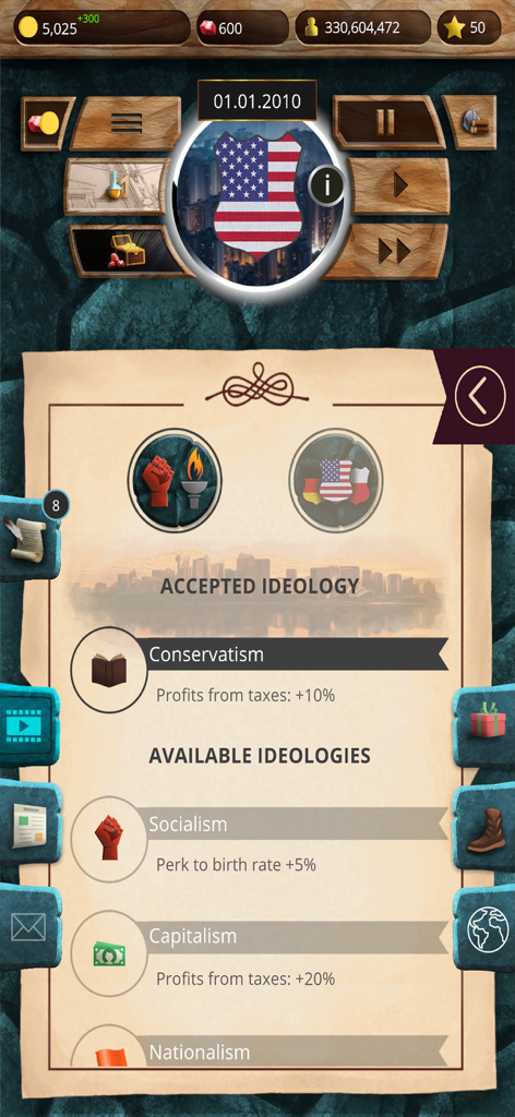 MA 1 – President Simulator - In-game menu showing political ideology choices like Conservatism Socialism and Capitalism in President Simulator