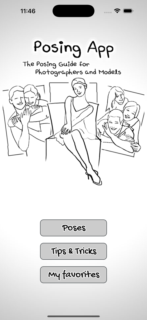 Posing App - Hauptmenü der Posing App mit handgezeichneten Posing-Illustrationen für Fotografen und Models