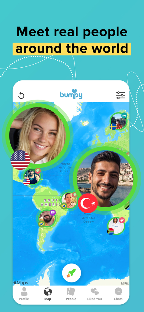 Bumpy app interface showing a world map with verified user profiles from different countries.