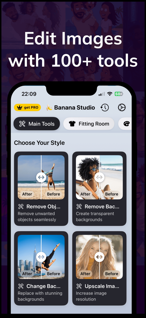 Banana Studio 앱 인터페이스, 배경 및 개체 제거를 위한 AI 사진 편집 도구 표시