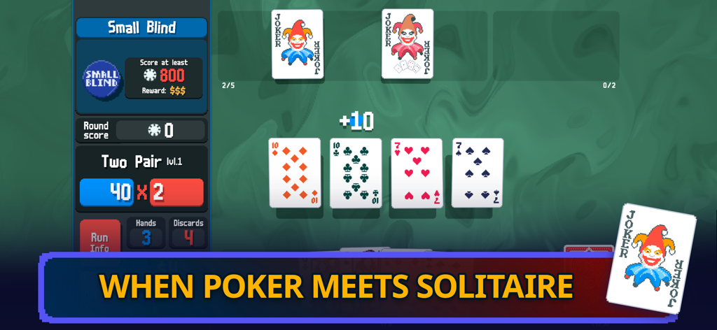 Balatro - Balatro gameplay screenshot showing a poker hand of two pairs with joker cards and a banner stating when poker meets solitaire