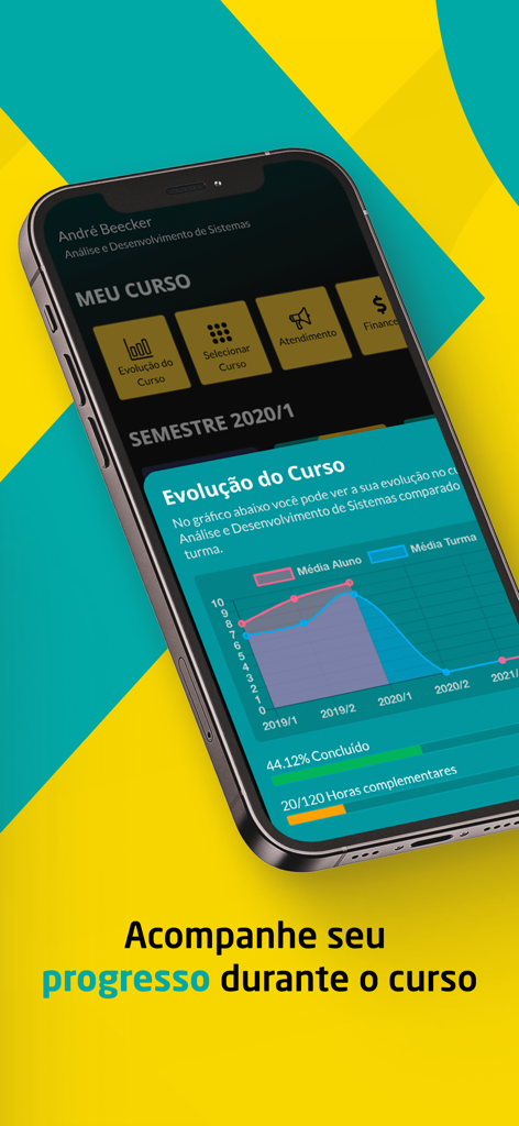 Smartphone screen showing the UNIASSELVI Leo App course evolution chart and progress tracking feature