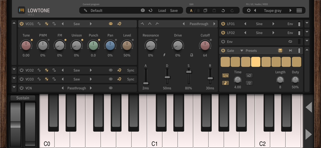 TB Lowtone - Interfaz del sintetizador de graves TB Lowtone mostrando controles de oscilador y teclado de piano