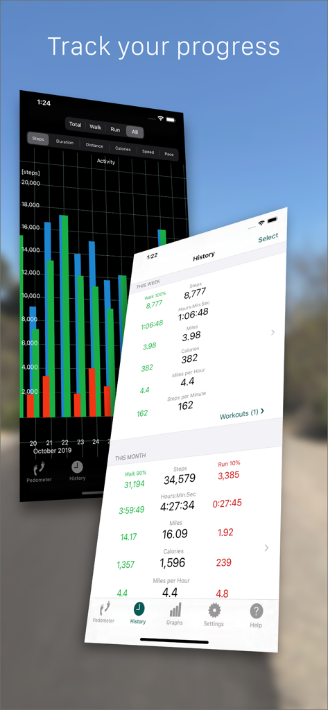 Footsteps Pedometer app screens showing activity graphs and detailed weekly history data