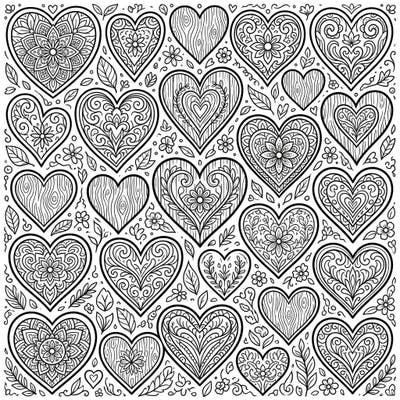Discover a beautifully detailed coloring page featuring a collection of intricately carved wooden hearts. Perfect for adults seeking a calming and creative activity to unwind and express their artistic side.