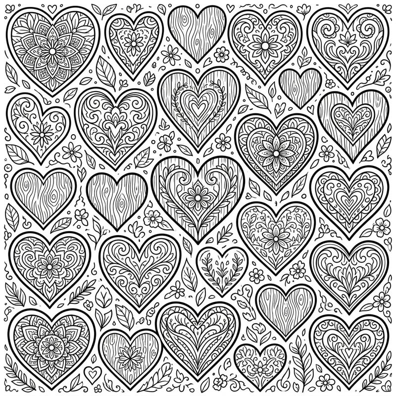 Discover a beautifully detailed coloring page featuring a collection of intricately carved wooden hearts. Perfect for adults seeking a calming and creative activity to unwind and express their artistic side.