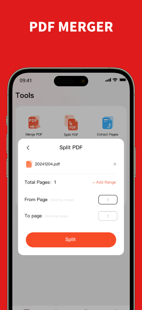 ドキュメントを分割するためにページ範囲を選択するオプションを示すPDF圧縮アプリのiPhoneスクリーンショット。