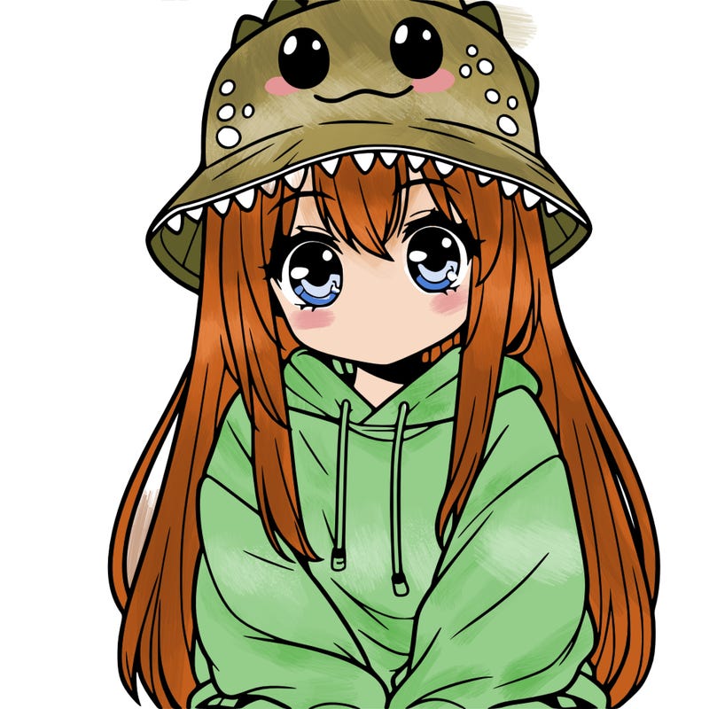 girl with anime shaped eyes with a dinosaur bucket hat oversized sweatshirt long straight hair