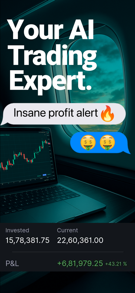 Trade AI * Chart aı Analysis - プロフェッショナルなローソク足チャートと、テキスト「Your AI Trading Expert」が表示された高利益ダッシュボードを表示するラップトップ。